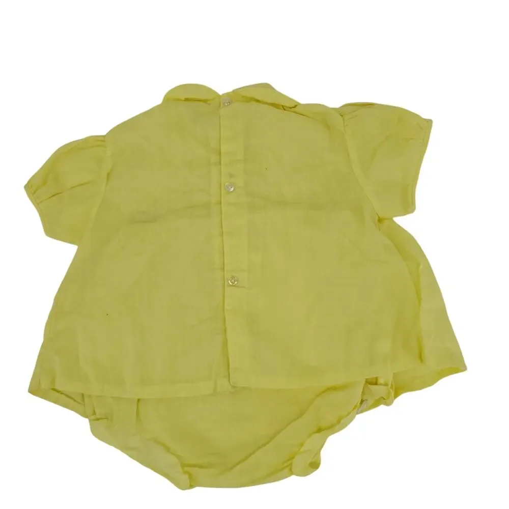 Vintage 70's Yellow Kitty Lace Ruffle Frilly Smocked Dress Baby Girl 18 mo 4034